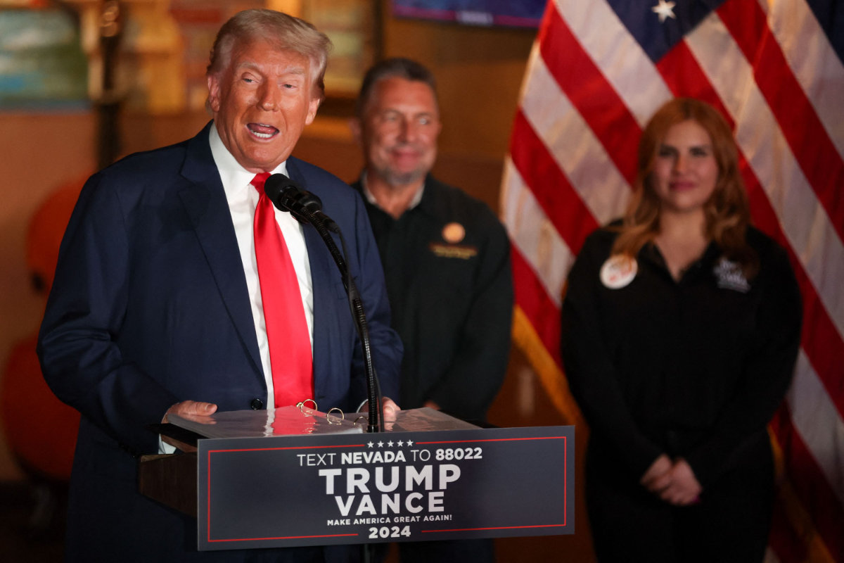 Former US President and Republican presidential candidate Donald Trump speaks about "No Tax on Tips" at "Il Toro E La Capra" Restaurant in Las Vegas, Nevada, on August 23, 2024. (AFP)
