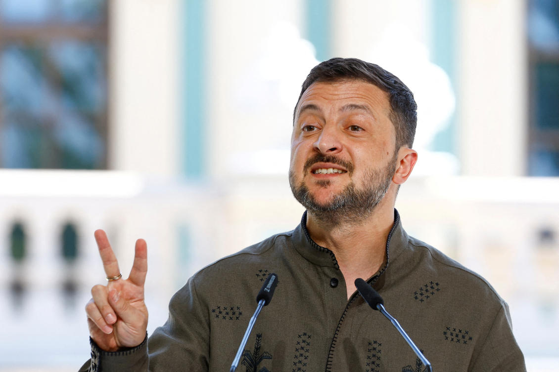 Ukraine's President Volodymyr Zelenskiy speaks during a joint press conference in Kyiv, Ukraine August 24, 2024. (Reuters)