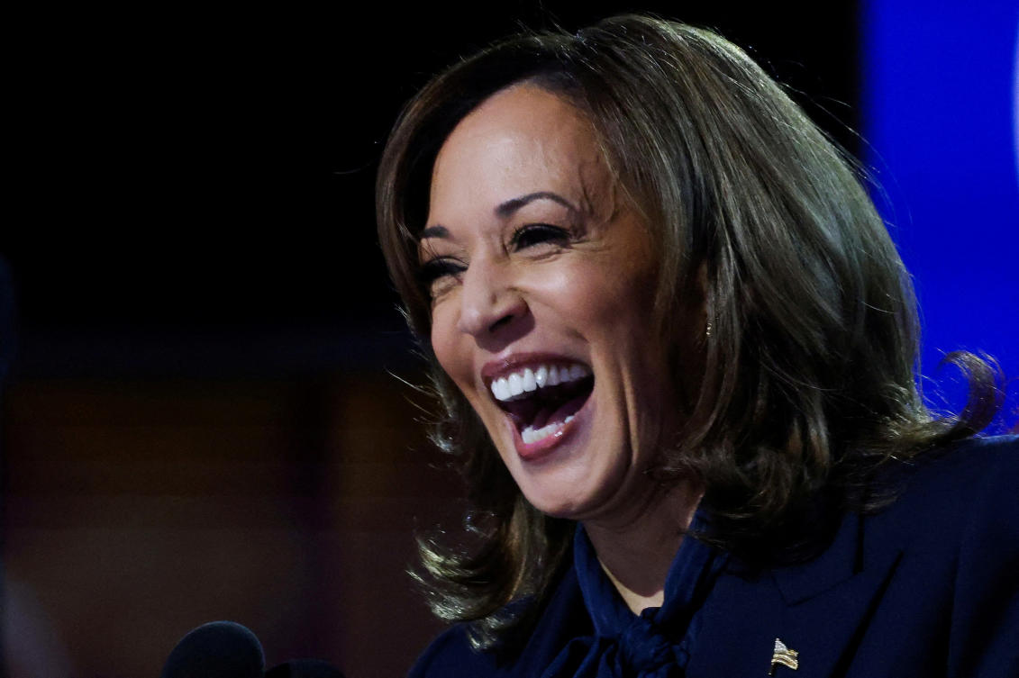 Democratic presidential nominee and US Vice President Kamala Harris laughs on Day 4 of the Democratic National Convention (DNC) at the United Center in Chicago, Illinois, US, August 22, 2024. (Reuters)