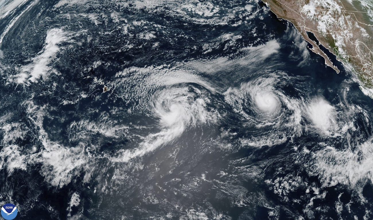 This satellite image provided by the National Oceanic and Atmospheric Administration (NOAA) shows Hurricane Gilma and Tropical Storm Hone, located west-southwest of the southern tip of the Baja California peninsula of Mexico, Thursday, Aug. 22, 2024. (AP)