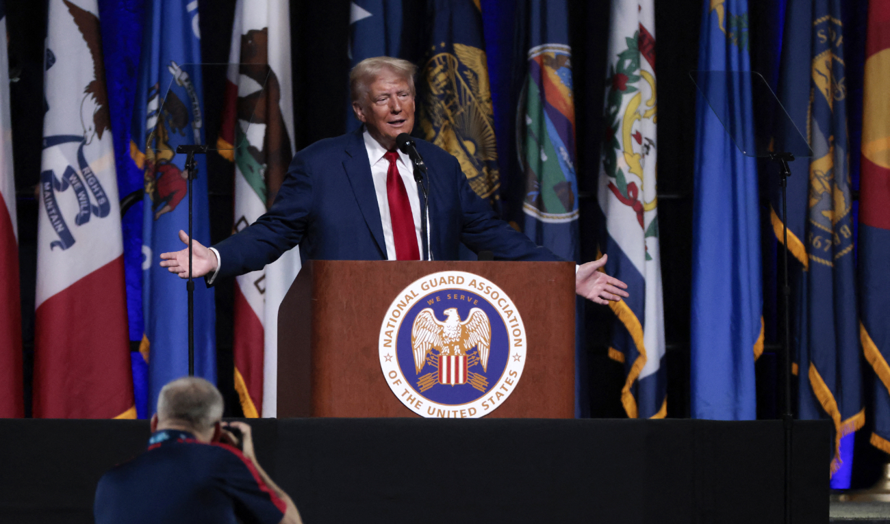 Former US President and Republican presidential candidate Donald Trump gives remarks at the National Guard Association of the United States' 146th General Conference & Exhibition Michigan in Detroit, Michigan, on August 26, 2024. (AFP)