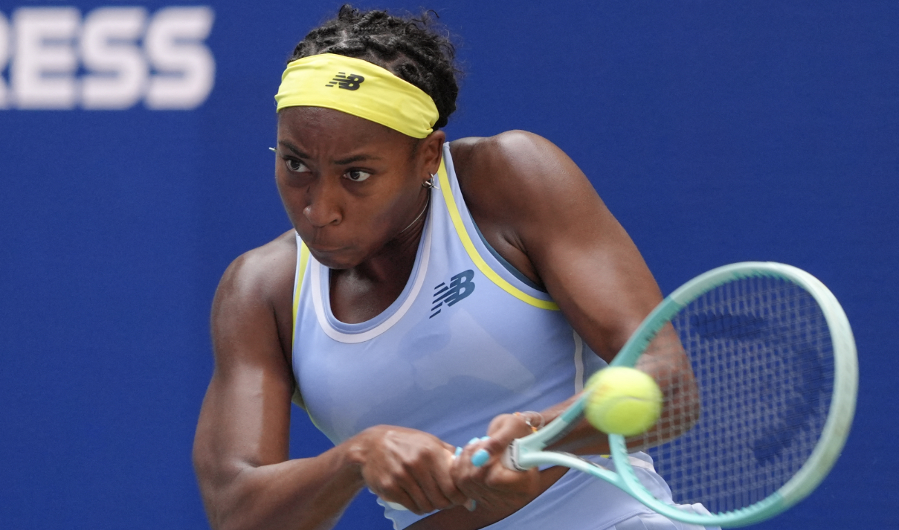 USA's Coco Gauff plays a backhand return to France's Varvara Gracheva during their women's singles first round tennis match on day one of the US Open tennis tournament at the USTA Billie Jean King National Tennis Center in New York City, on August 26, 2024. (AFP)