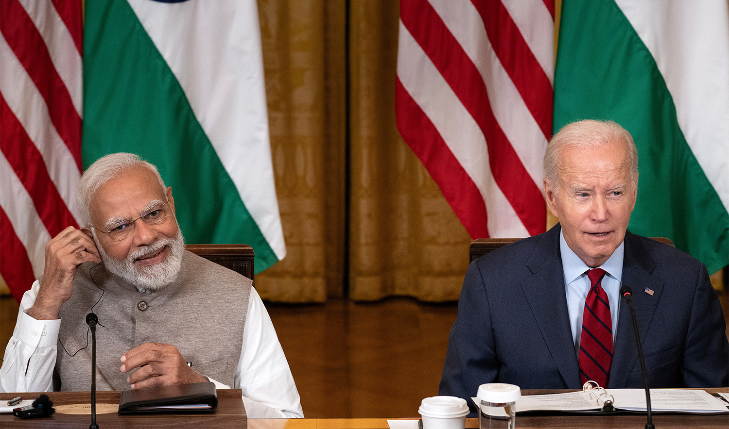 US President Joe Biden and India's Prime Minister Narendra Modi wait for a meeting with senior officials and CEOs of American and Indian companies, in the East Room the White House in Washington, DC, on June 23, 2023. (AFP/File)