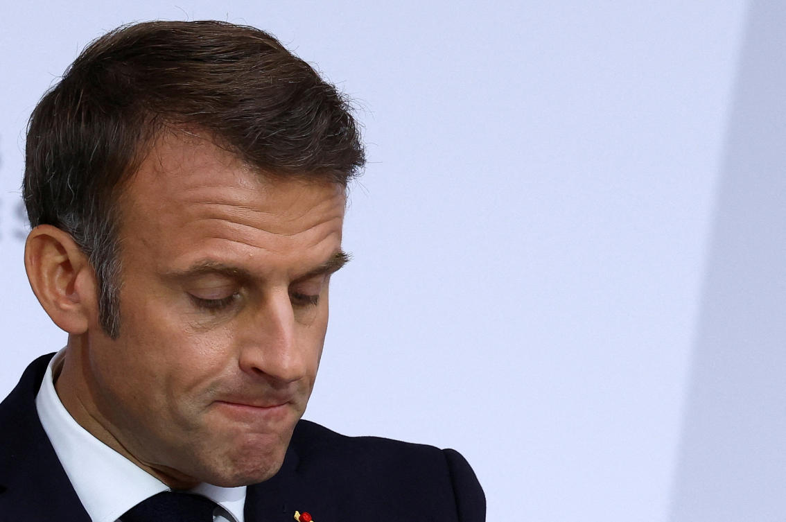 French President Emmanuel Macron reacts as he gives a speech to the French Military Forces at the Hotel de Brienne in Paris, France, July 13, 2024. (Reuters)