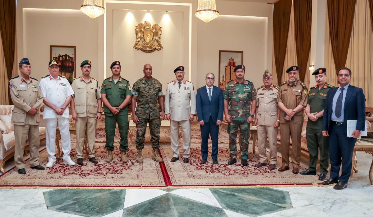 Libyan National Army Commander Khalifa Haftar, U.S. Africa Command General Michael Langley and Charge d'affaires Jeremy Berndt pose as they meet at an unidentified location, in Libya, in this handout image released on August 27, 2024. (REUTERS)