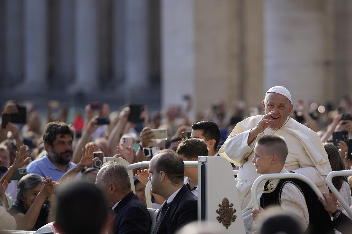 Pope Francis waves as he arrives for his weekly general audience in St. Peter's Square at The Vatican, Wednesday, Aug.28, 2024. (AP)