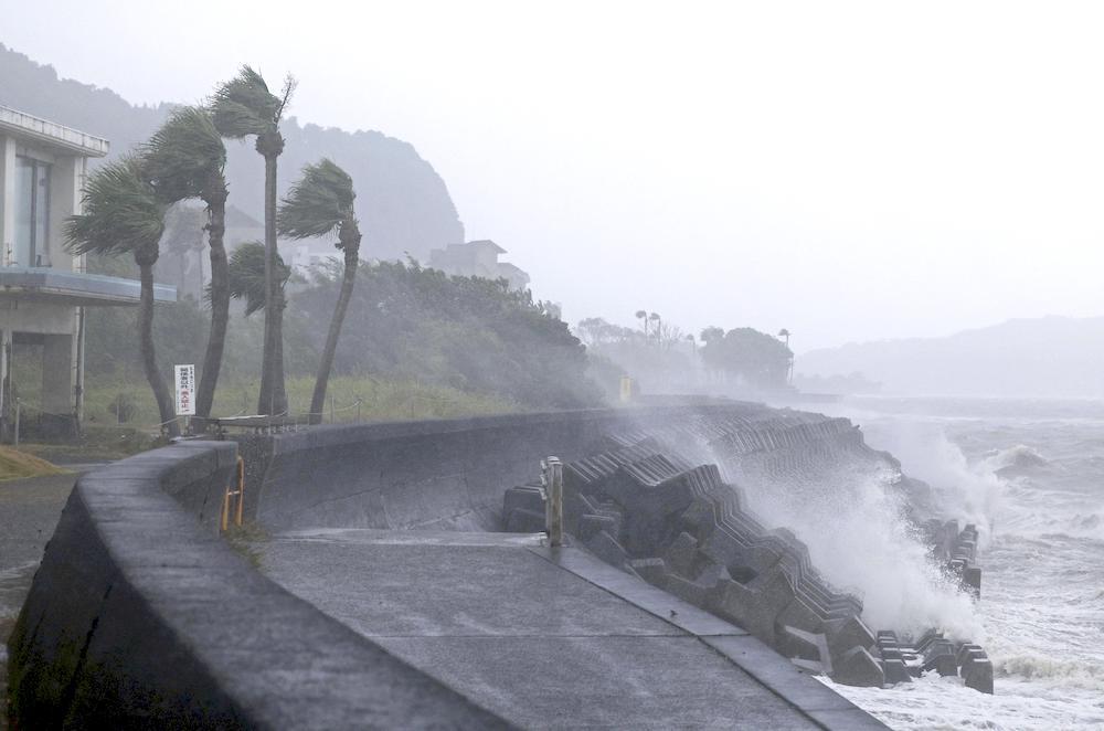 High waves hit a coastal area in Ibusuki, Kagoshima prefecture on Aug. 28, 2024. (Kyodo News via AP)
