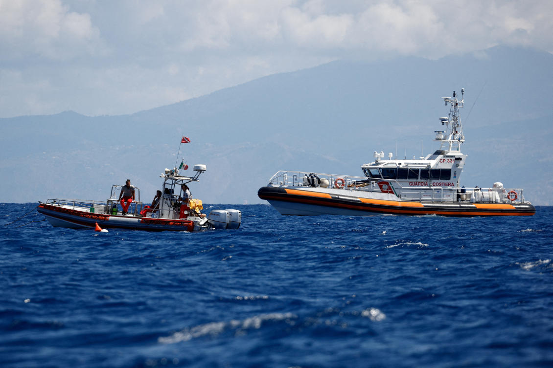 British tech tycoon Mike Lynch and six other people were killed when the British-flagged Bayesian capsized and went down on Aug. 19. Above, rescue personnel off the coast of Porticello, near the Sicilian city of Palermo on Aug. 21, 2024. (Reuters)