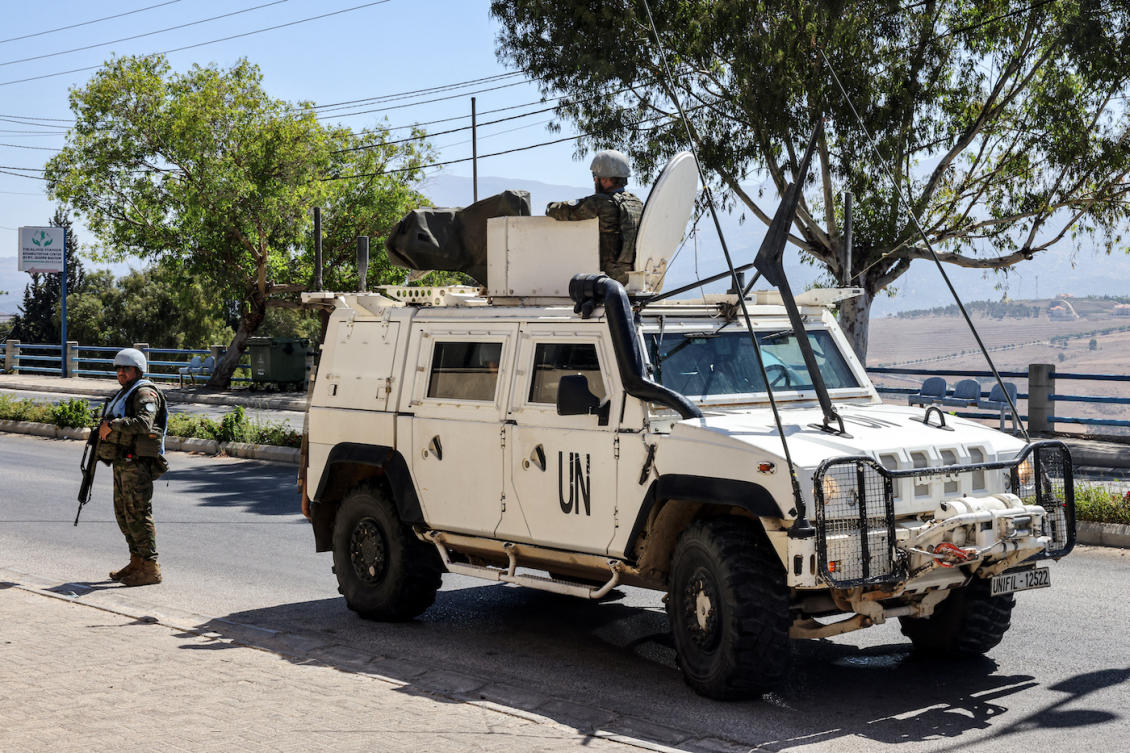 Peacekeepers of the Spanish Contingent in the United Nations Interim Force in Lebanon (UNIFIL) patrol along the Jdeideh-Marjeyoun highway in Lebanon. (File/AFP)