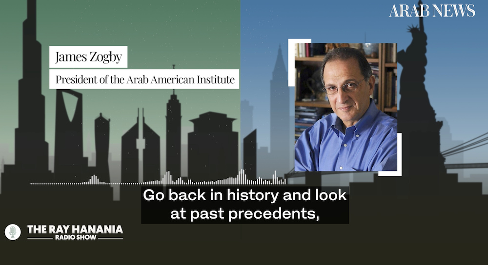 James Zogby, president of the Arab American Institute, which was founded in 1985 to strengthen Arab American voter awareness and influence, spoke to the Ray Hanania Show. (Screenshot/AN Photo)