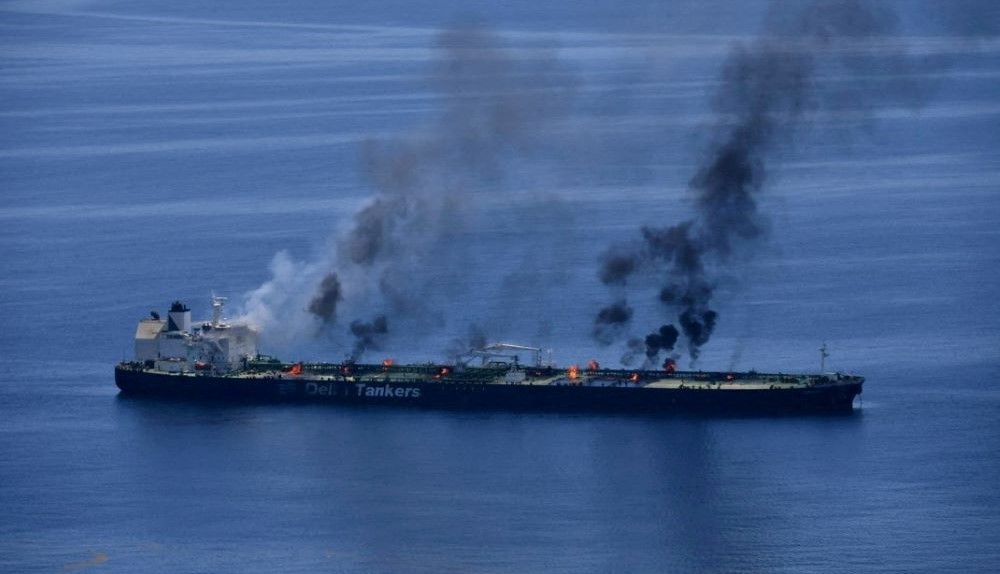 Flames and smoke rise from the Greek-flagged oil tanker M/V Sounion, which has been on fire since Aug. 23, on the Red Sea, Aug. 25, 2024. (Reuters)
