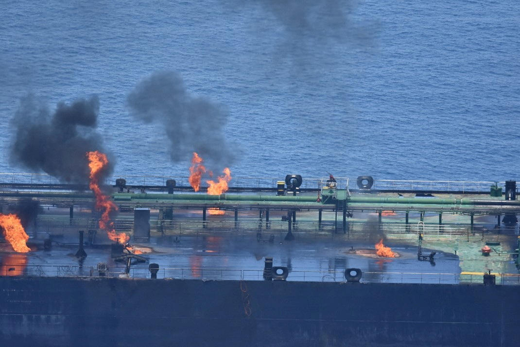 Flames and smoke rise from the Greek-flagged oil tanker Sounion, which has been on fire since August 23, on the Red Sea, August 25, 2024. (Reuters)