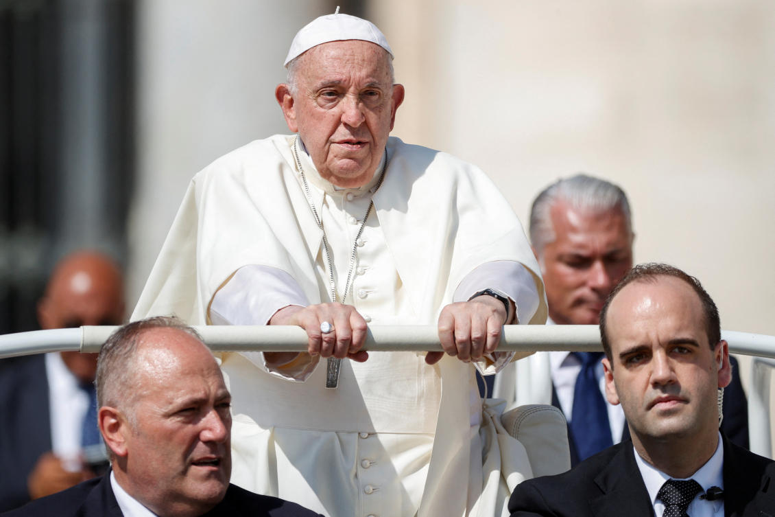 Pope Francis gestures as he arrives to hold the weekly general audience, at the Vatican, August 28, 2024. (REUTERS)