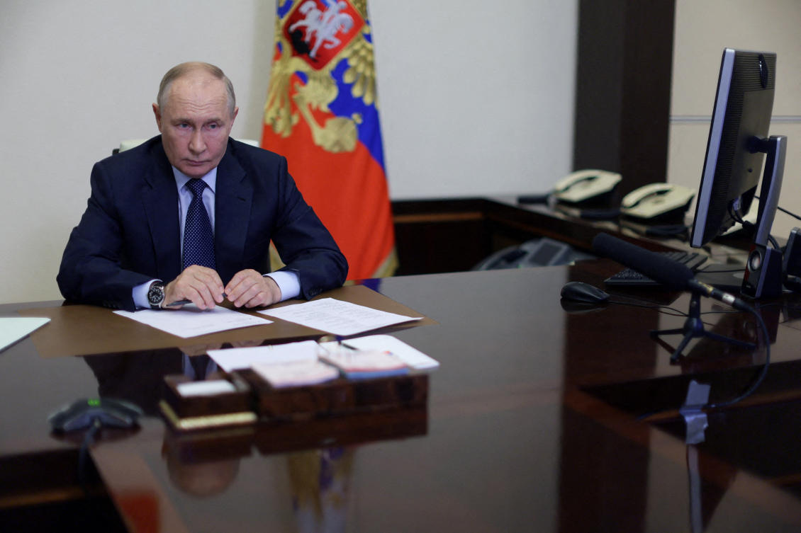 Russian President Vladimir Putin chairs a meeting on situation in Belgorod, Kursk and Bryansk regions following an incursion of Ukrainian troops in the course of Russia-Ukraine conflict. (REUTERS)