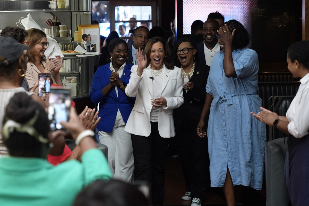 Democratic presidential nominee Vice President Kamala Harris talks as she makes a stop at a volunteer appreciation event at The Gray in downtown Savannah, Georgia., on Aug. 29, 2024. (AP Photo)