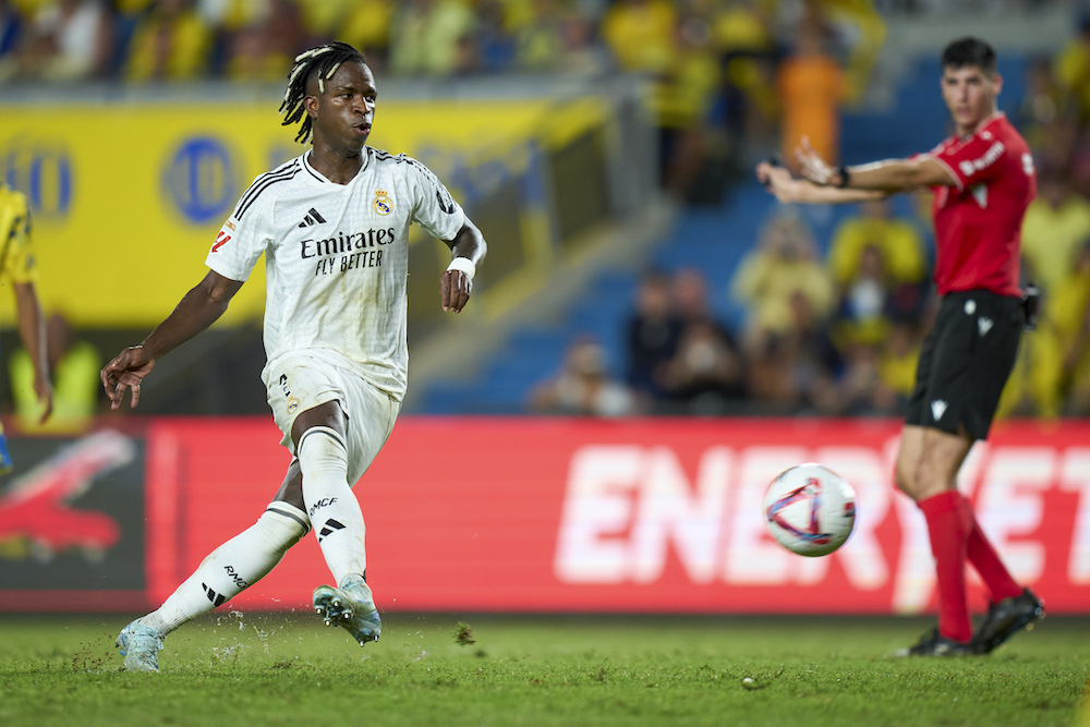 Real Madrid’s Vinicius Junior scores his side’s first goal from the penalty spot during their Spanish La Liga match against Las Palmas in Las Palmas, Spain’s Canary Islands, Thursday. (AP)