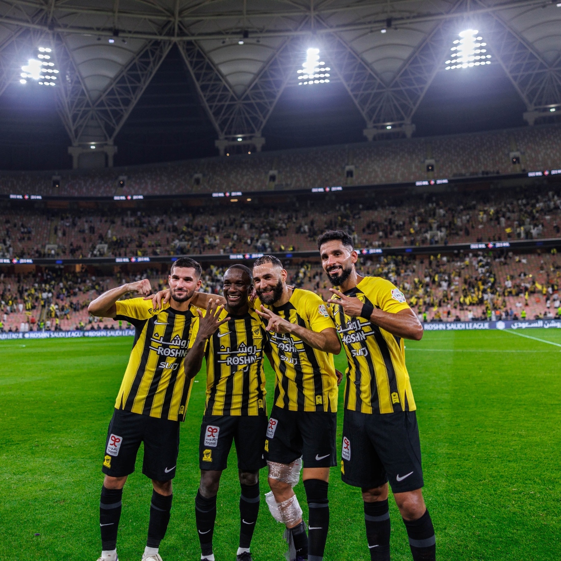 Al-Ittihad players celebrate beating Al-Taawoun 2-1 in their second SPL match of the season. (X/@ittihad_en)