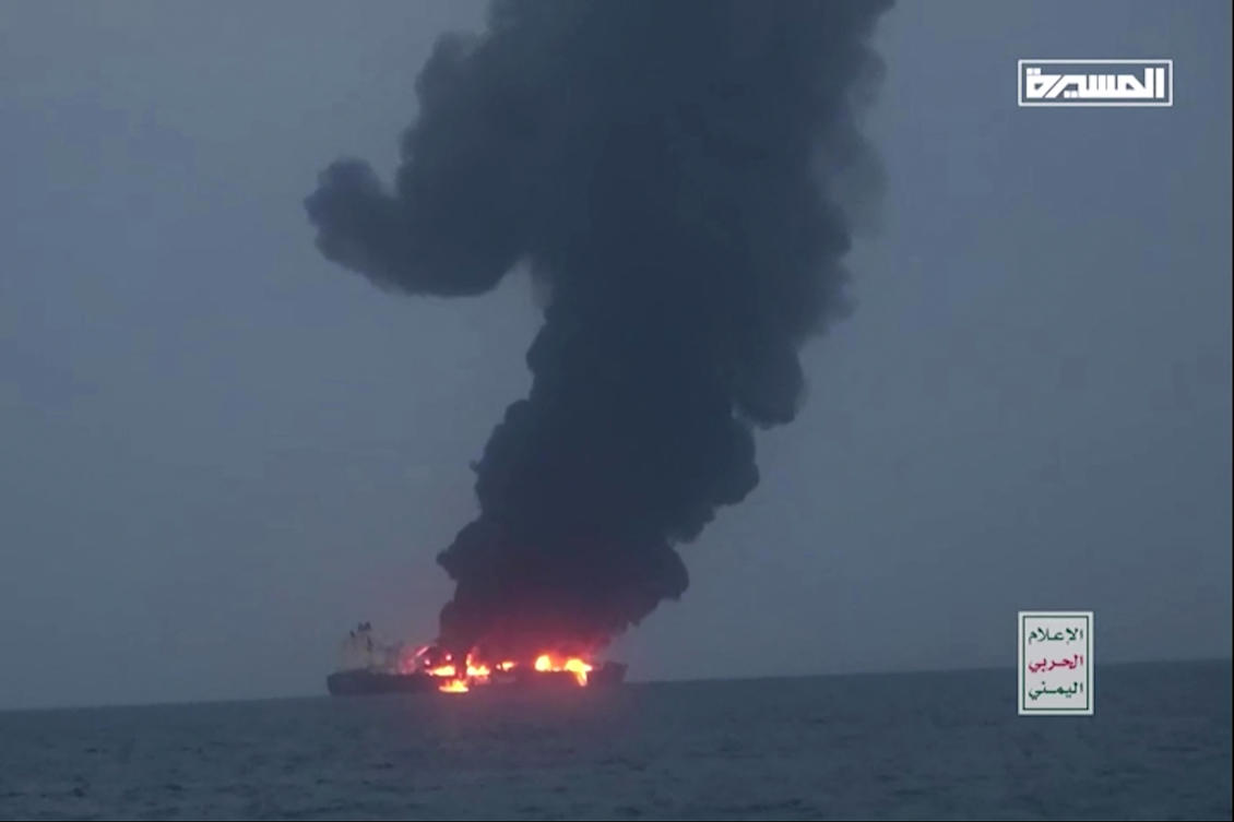 Greek-owned oil tanker Sounion, owned by the Greek shipping company Delta Tankers, had lost engine power and was anchored in the Red Sea between Eritrea and Yemen following a strike by the Huthis, which caused a brief fire onboard and damaged the engine compartment. (File/AFP)