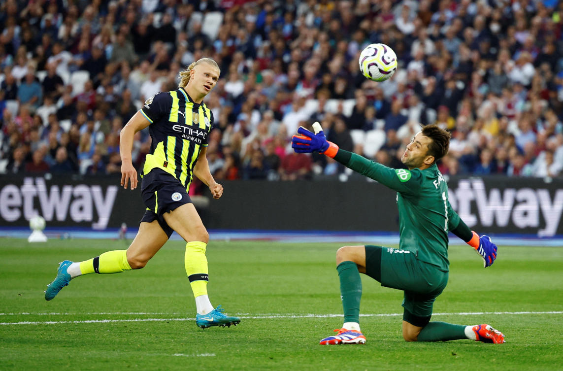 Manchester City’s Erling Haaland scores their third goal to complete a hat-trick against West Ham at the London Stadium in the Premier League. (Action Images via Reuters)