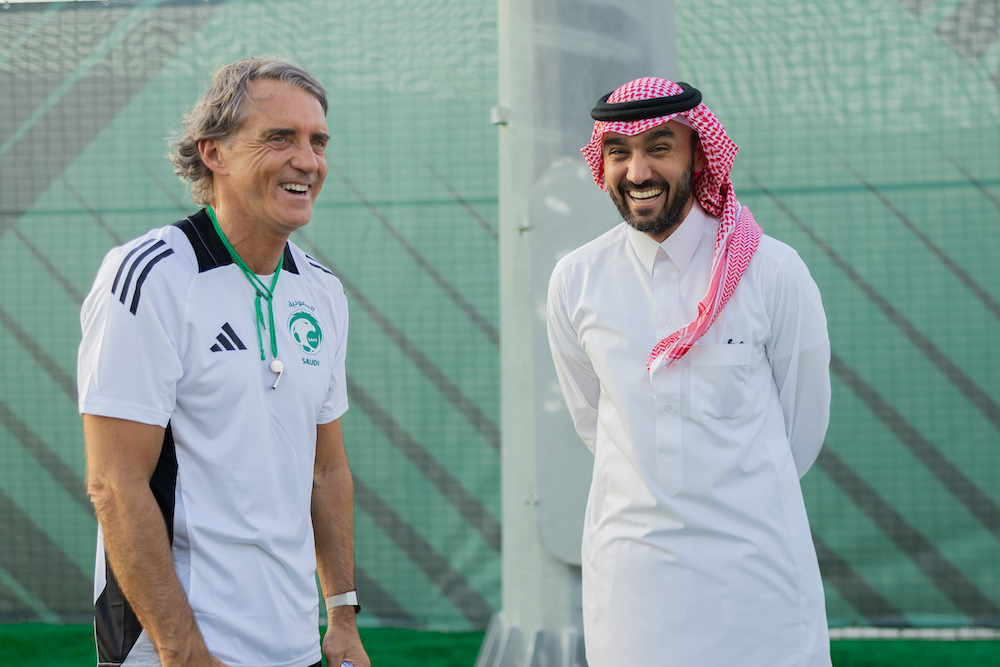 The Saudi sports minister visited the national football team at their training camp in Jeddah on Saturday as the players prepared for their 2026 World Cup qualifying matches. (Supplied/SAFF)