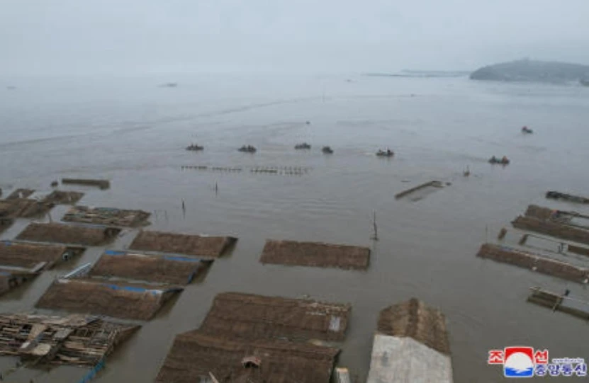 North Korean leader Kim Jong Un visits a flood-affected area near the border with China, in North Pyongan Province, North Korea, in this undated photo released Jul. 31, 2024 by North Korea’s official Korean Central News Agency. (Reuters)