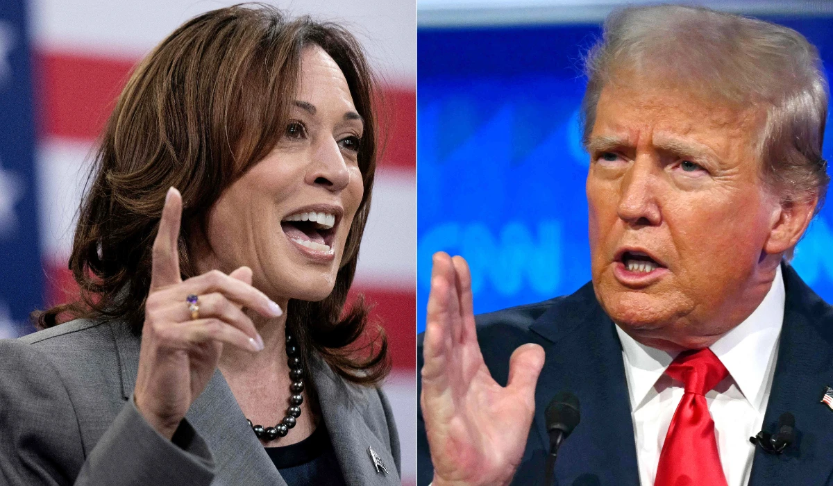 This combination of file pictures created on August 3, 2024 shows US Vice President and 2024 Democratic presidential candidate Kamala Harris speaking on March 26, 2024, in Raleigh, North Carolina; and former US President and Republican presidential candidate Donald Trump speaking in the first presidential debate with US President Joe Biden in Atlanta, Georgia, on June 27, 2024. (AFP)