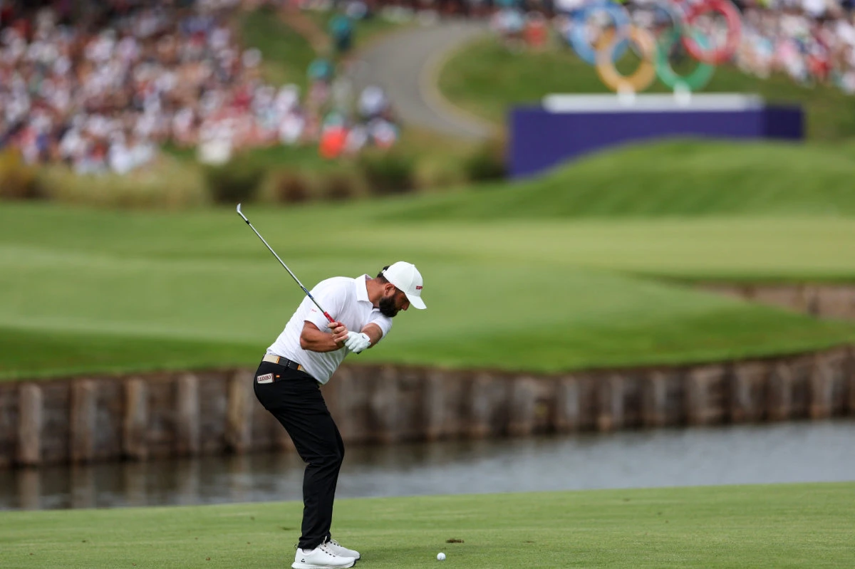 Jon Rahm of Spain in action during the third round of the Paris 2024 Olympics golf tournament at the Le Golf National, Guyancourt, France, on Aug. 3, 2024. (Reuters)