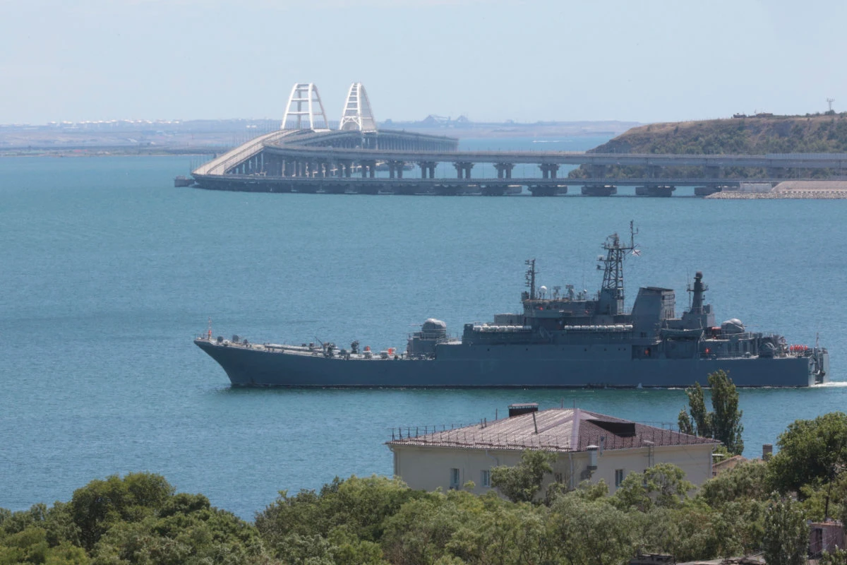A Russian military landing ship sails not far from Kerch, Crimea, on July 17, 2023. (AP File Photo)