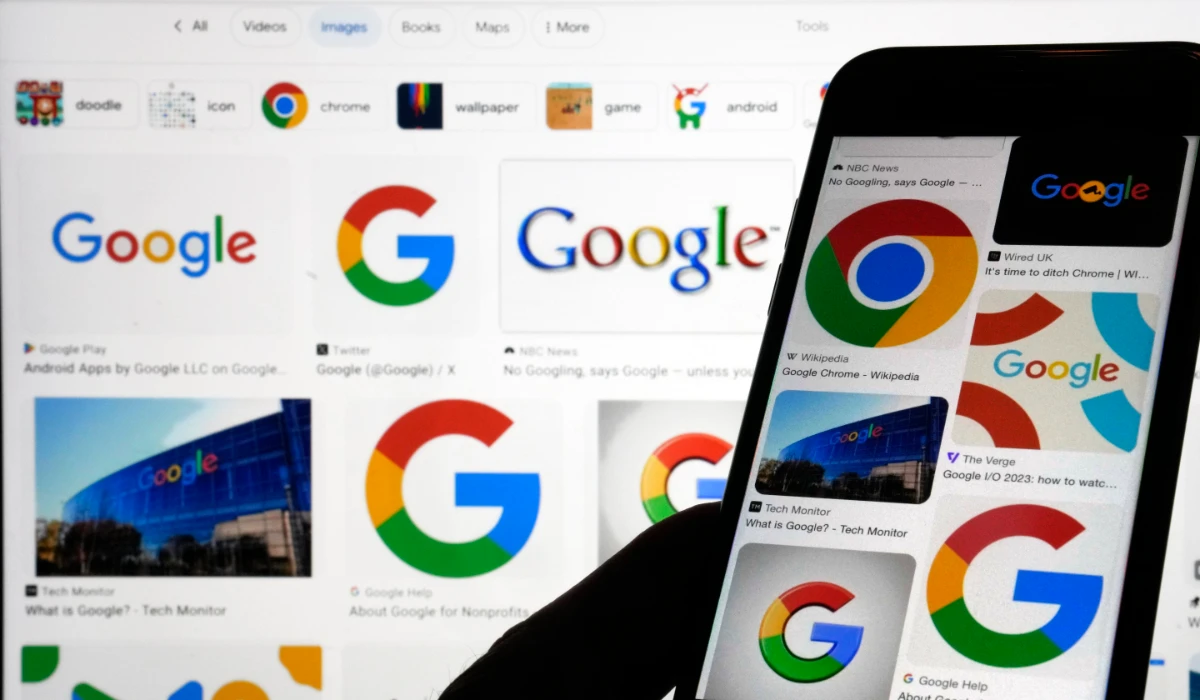 Various Google logos are displayed on a Google search, Monday, Sept. 11, 2023, in New York. (AP)