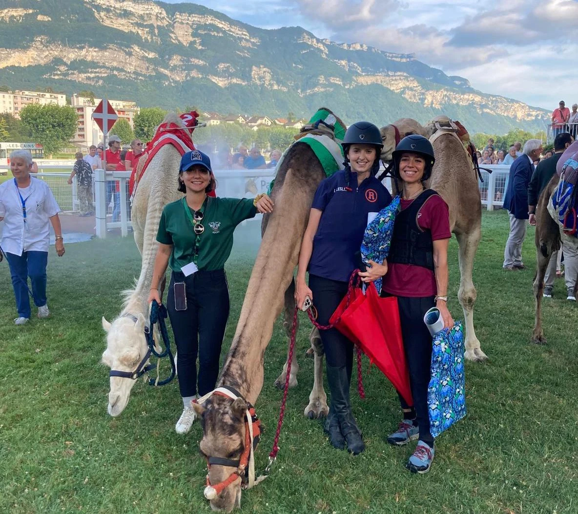Race winner Isabella Leslie (center) with fellow American jockey Jennifer Reggio (right) and France’s Coralie Viroulaud at Aix les Bains. (Supplied)