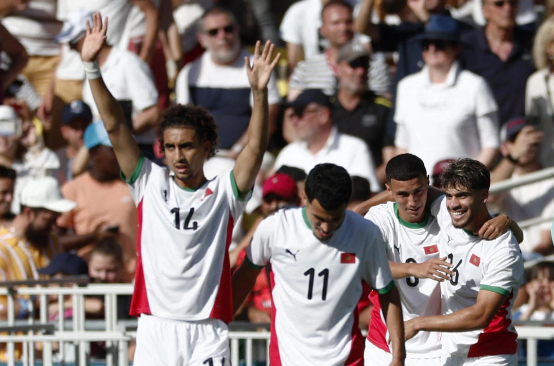 Bilal El Khannouss of Morocco celebrates scoring their third goal with Abde Ezzalzouli during their Paris 2024 Olympics — Football — Men’s Bronze Medal Match against Egypt at La Beaujoire Stadium, Nantes, on Aug. 08, 2024. (Reuters)