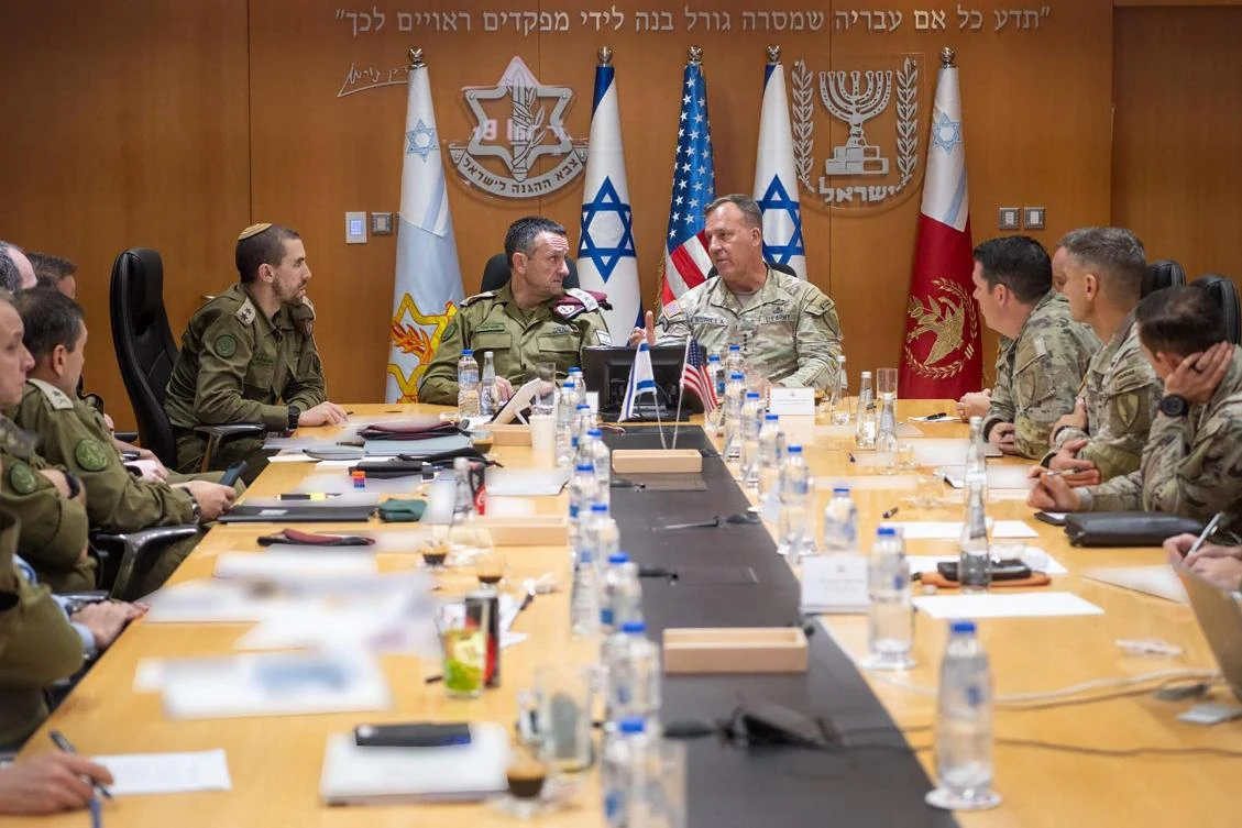 General Michael Kurilla, center right, head of US Central Command, with Israel’s military chief Lt. General Herzi Halevi, center left, in Tel Aviv earlier this week. (Israeli Army/AFP)