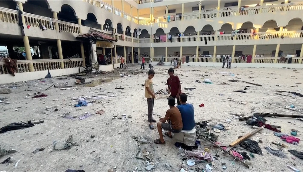 This image made from a video, shows the yard of a school after being hit by an Israeli airstrike in Gaza City Saturday, Aug. 10, 2024. (AP)