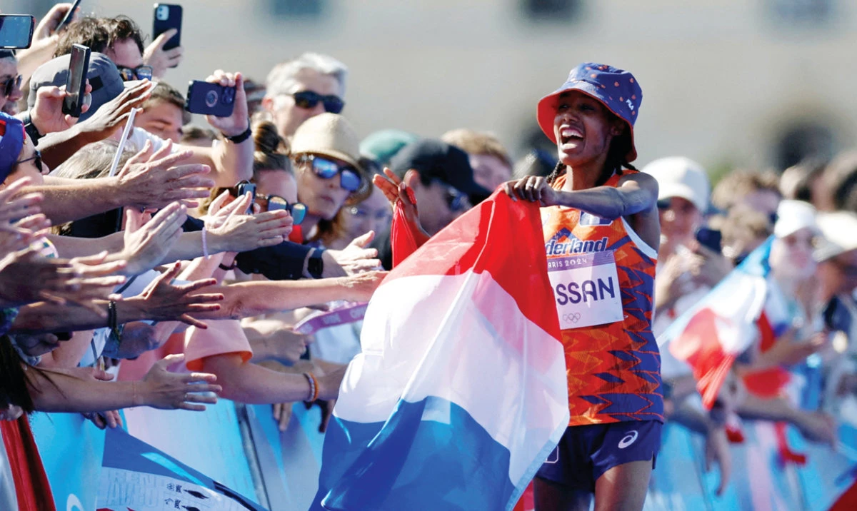 Netherlands’ gold medallist Sifan Hassan celebrates after winning marathon event. (Reuters)