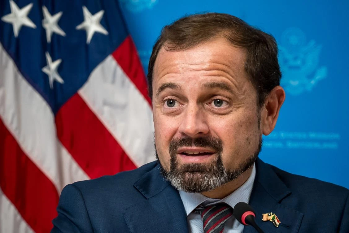 US envoy to Sudan Tom Perriello speaks during a press briefing ahead of Sudan ceasefire talks, on August 12, 2024 in Geneva. (AFP)