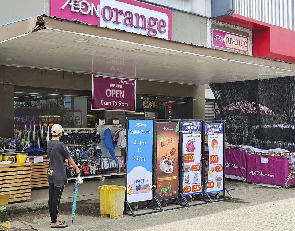 Aeon Orange is a part of Japan’s retail giant Aeon group, and operates several supermarkets in Myanmar. Above, an Aeon Orange outlet in Yangon. (Kyodo News via AP)