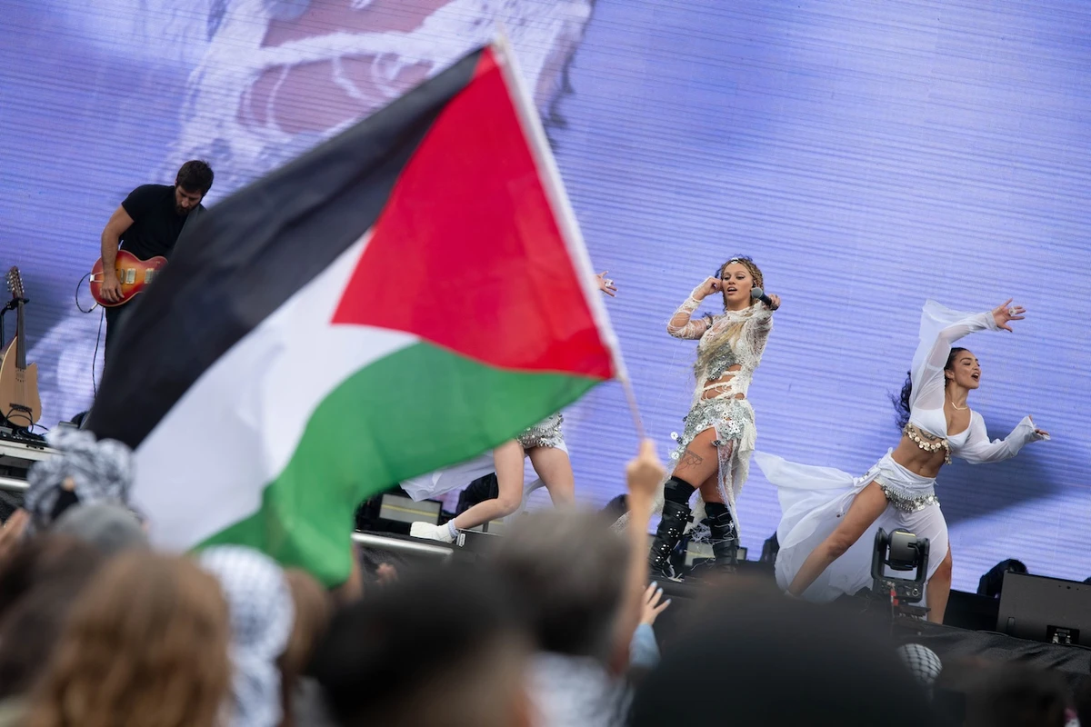 People in the crowd held up the Palestinian flag during her set. (Getty Images)