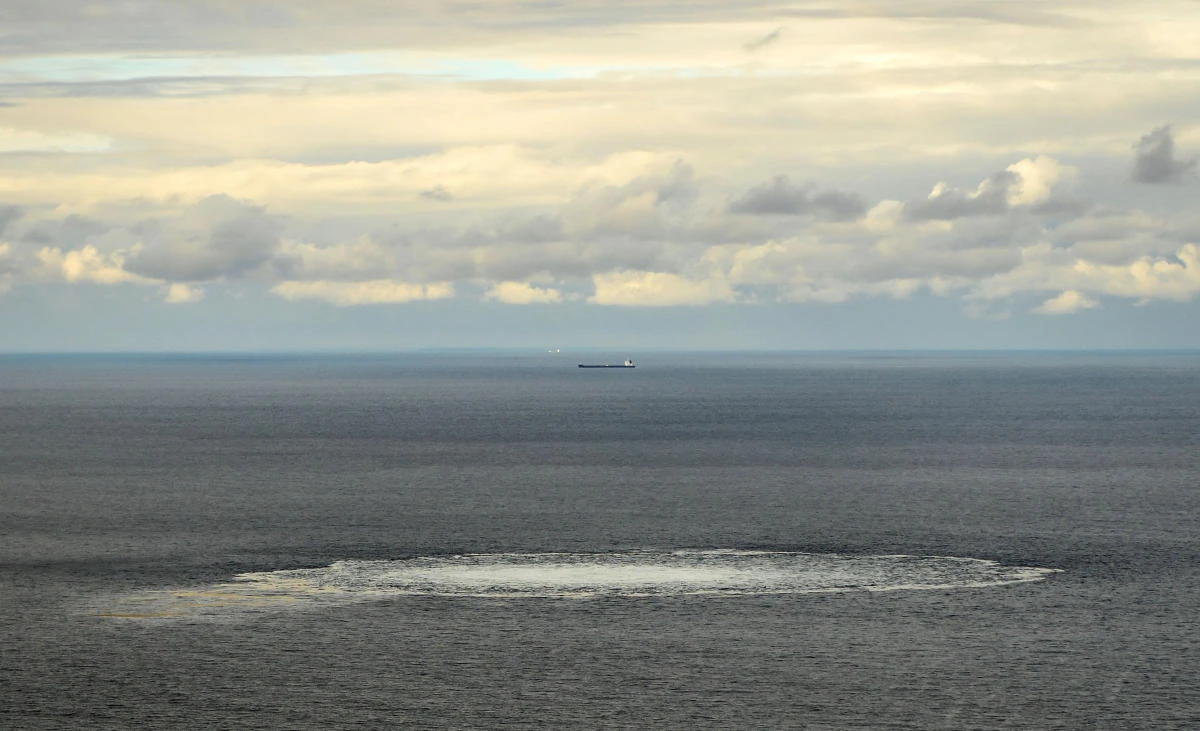 Above, one of the four gas leaks at one of the damaged Nord Stream gas pipelines in the Baltic Sea in this picture taken on Sep. 30, 2022. (Danish Defense Command)