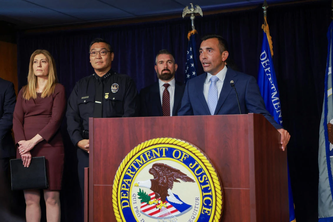 United States attorney for the Central District of California Martin Estrada speaks during a press conference to discuss an investigation in connection with the Oct. 28, 2023 Ketamine death of “Friends” actor Matthew Perry, in Los Angeles, on Aug. 15, 2024. (Reuters)