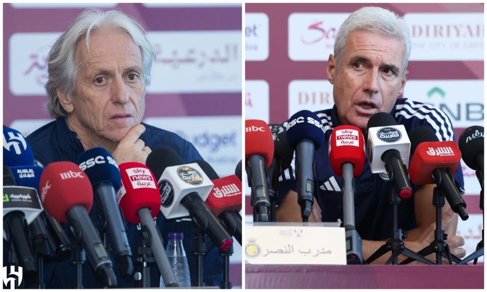 Al-Hilal coach Jorge Jesus and Al-Nassr coach Luis Castro speaking during a pre-Saudi Super Cup final press conference. (X/@AlHilal_FC/@AlNassrFC)