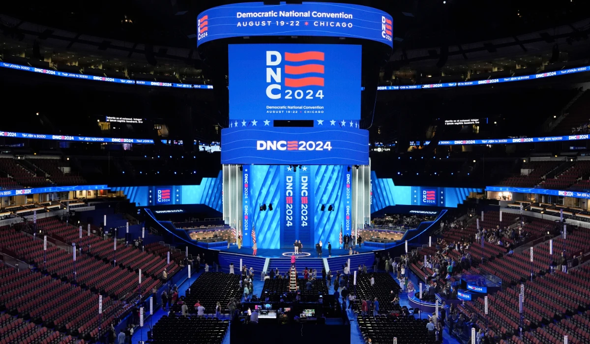 Workers prepare the convention floor at United Center before the Democratic National Convention Sunday, Aug. 18, 2024, in Chicago. (AP)