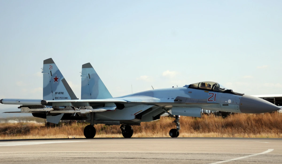 A Russian Sukhoi Su-35 fighter lands at the Russian military base of Hmeimim near Syria's Mediterranean coast on September 26, 2019. (AFP)