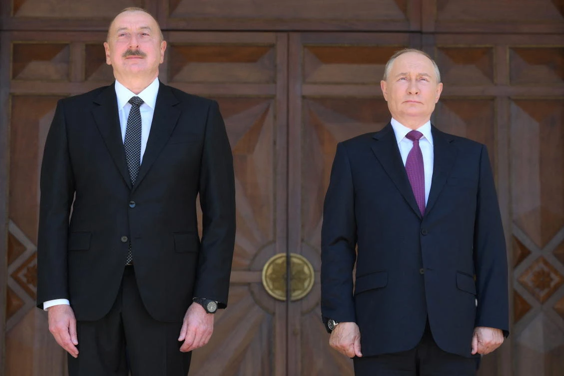 Russia's President Vladimir Putin and Azerbaijan's President Ilham Aliyev attend a welcome ceremony at the Zagulba Residence outside Baku, Azerbaijan August 19, 2024. (Reuters)