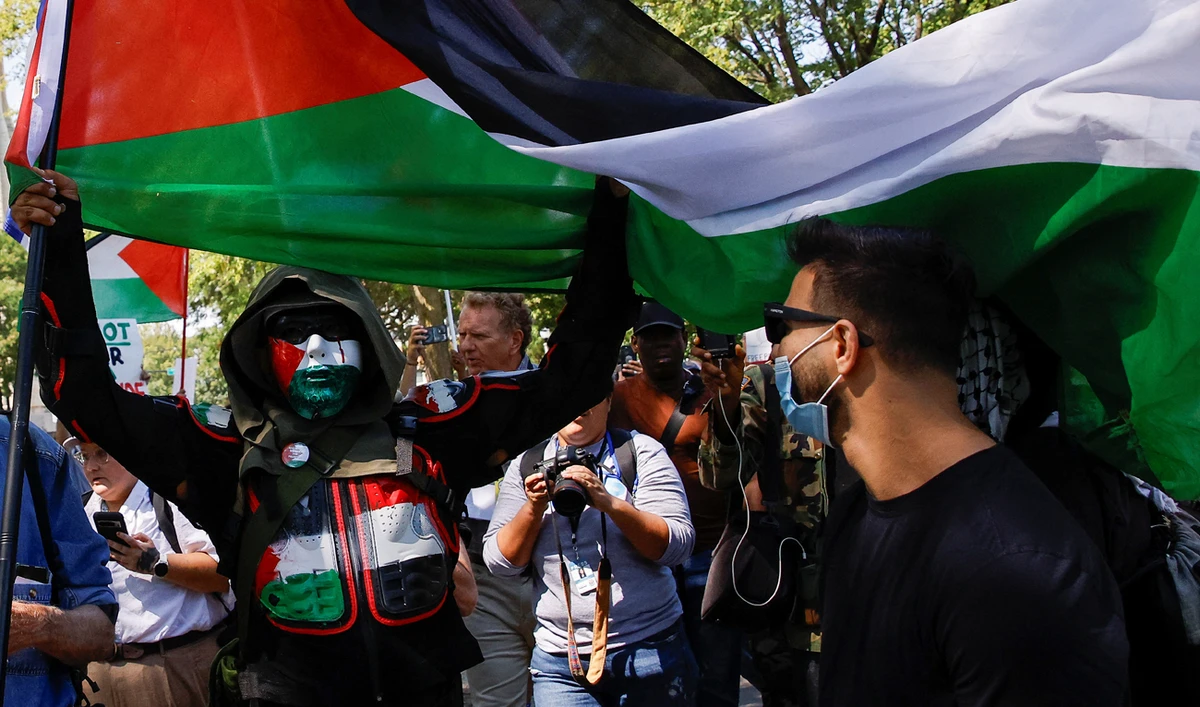 A person holds a flag in support of Palestinians in Gaza as demonstrators rally on the sidelines of the Democratic National Convention (DNC) in Chicago, Illinois, US on August 19, 2024. (REUTERS)