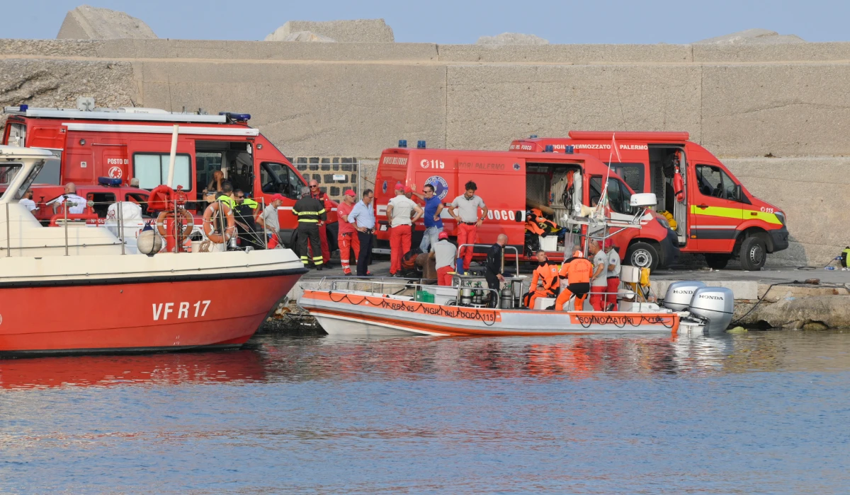 Italian Firefighters scubadivers prepare to sail toward the area where the UK flag vessel Bayesan that was hit by a violent sudden storm, sunk early Monday, Aug. 19, 2024, while at anchor off the Sicilian village of Porticello near Palermo, in southern Italy. (AP)