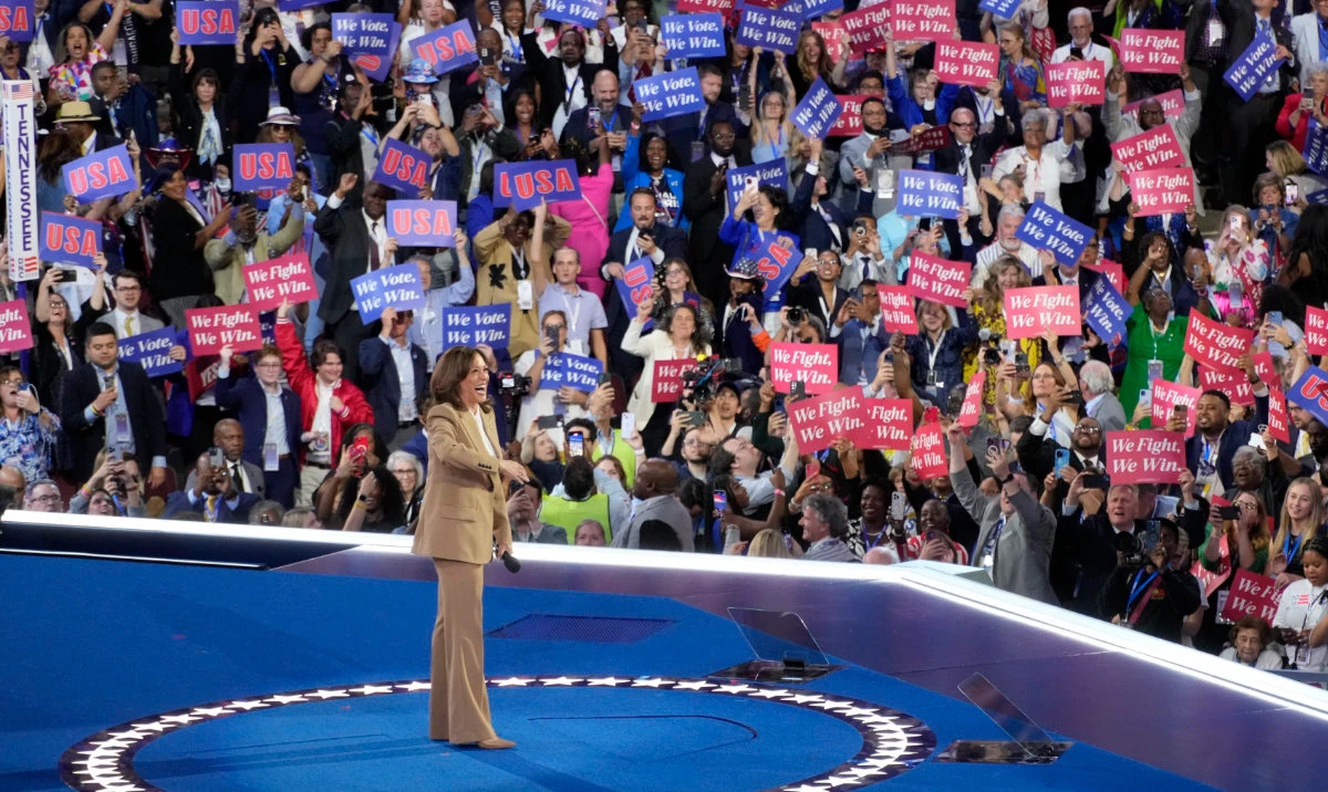 Democratic presidential nominee Vice President Kamala Harris speaks during the Democratic National Convention Monday, Aug. 19, 2024, in Chicago. (AP)