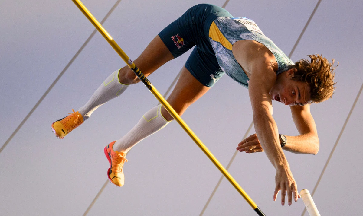 Armand Duplantis, of Sweden, during the men's pole vault competition at the World Athletics Diamond League Athletissima City athletics meeting, in Lausanne Wednesday. (AP)