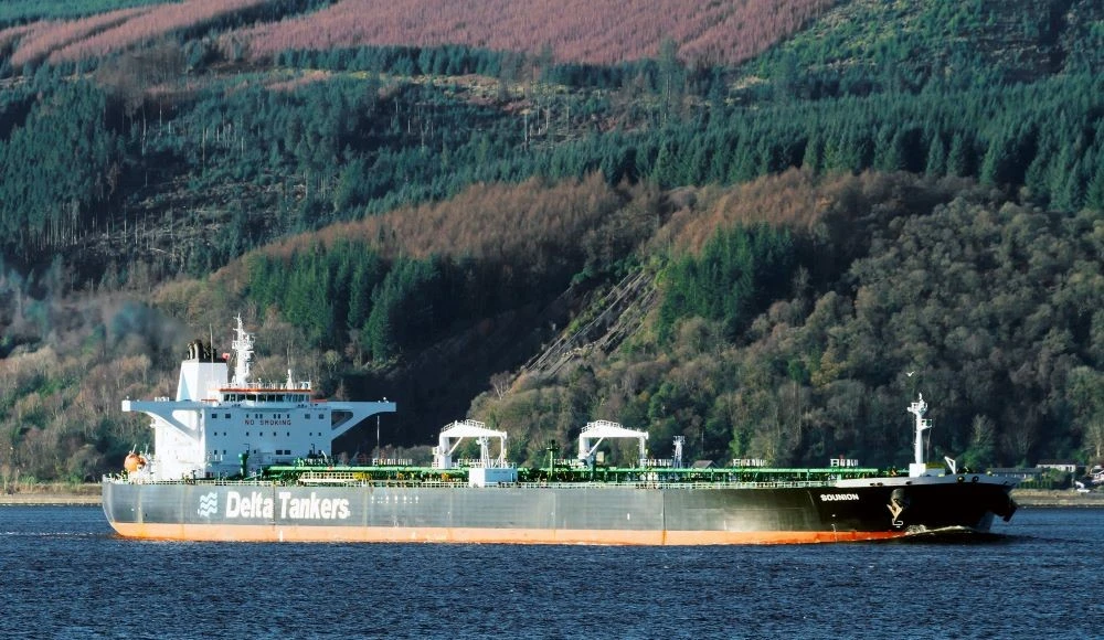 The Greek-flagged oil tanker MV Sounion is seen heading into the Finnart Ocean Terminal in the United Kingdom on Nov. 29, 2017. (AP Photo)