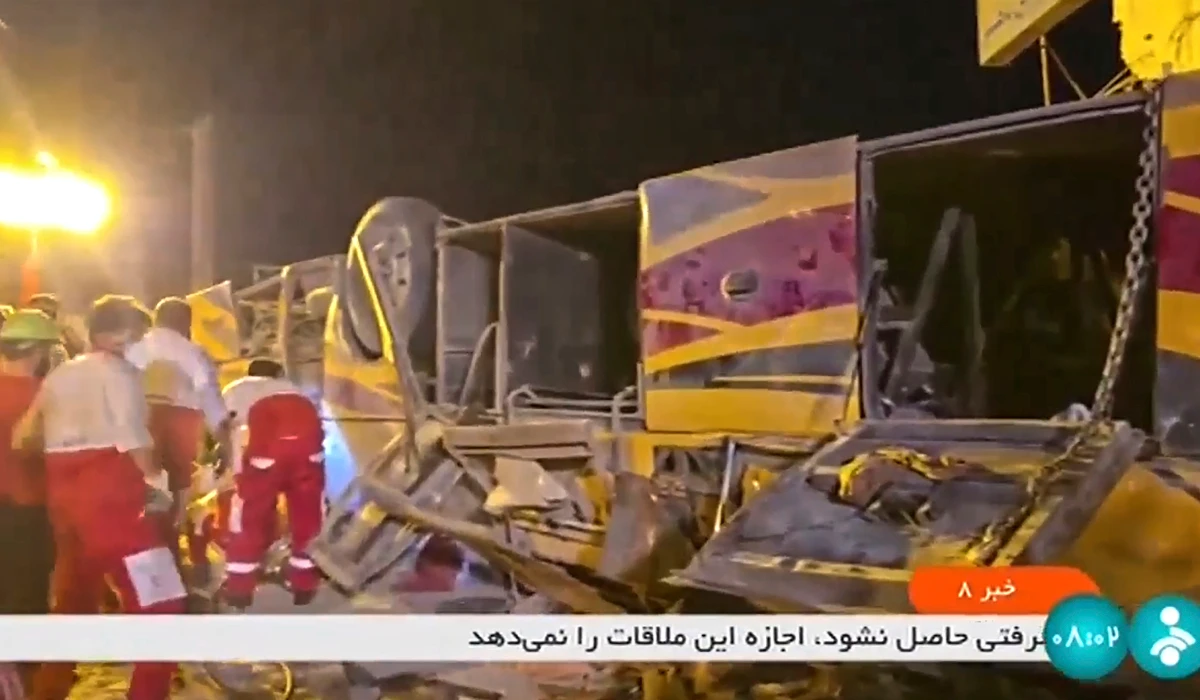 This image taken from a video released by Iranian state television shows the aftermath of a bus crash near Taft, Iran, early Wednesday, Aug. 21, 2024. (AP)