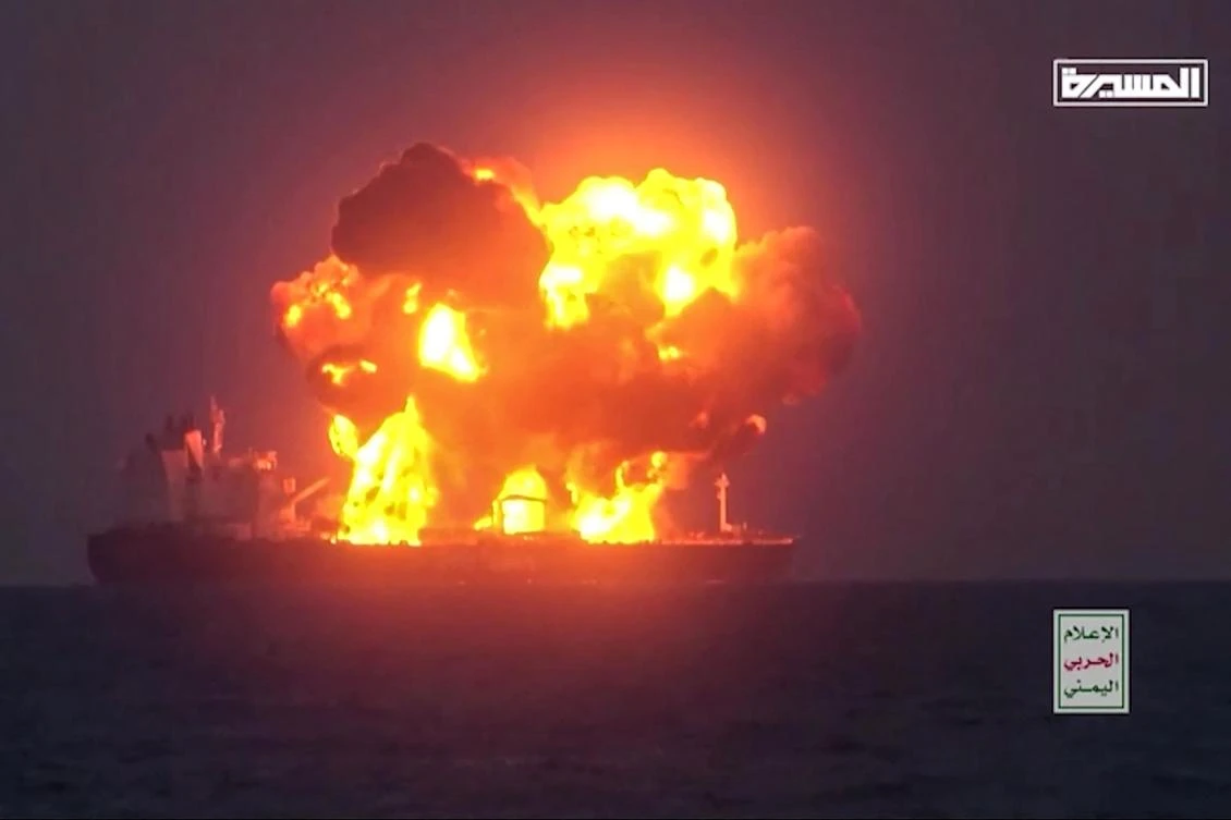 This image grab from a video released on August 23, 2024 by Yemen’s Houthi Ansarullah Media Center, shows what they say is the Greek-owned oil tanker Sounion which they reportedly hit by three projectiles on August 21, 2023. (AFP)